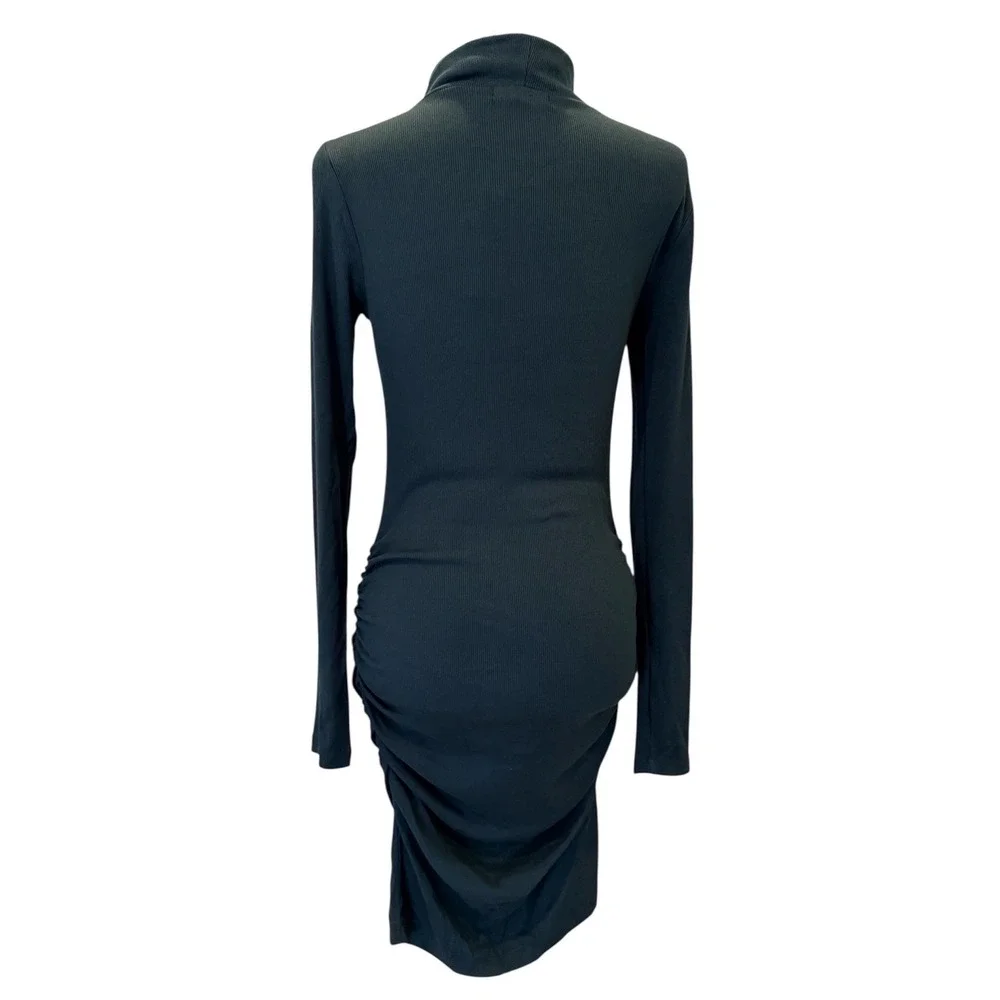 Michael Stars Balsam Green Ribbed Ruched Turtleneck Bodycon Dress Medium NEW